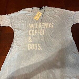 T-Party Womens Light Blue Graphic‎ Tee dyed Weekends Coffee & Dogs Relaxed Fit